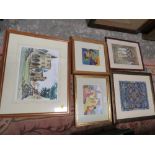 A SELECTION OF FIVE FRAMED AND GLAZED PICTURES AND PRINTS TO INCLUDE TWO IMPRESSIONIST