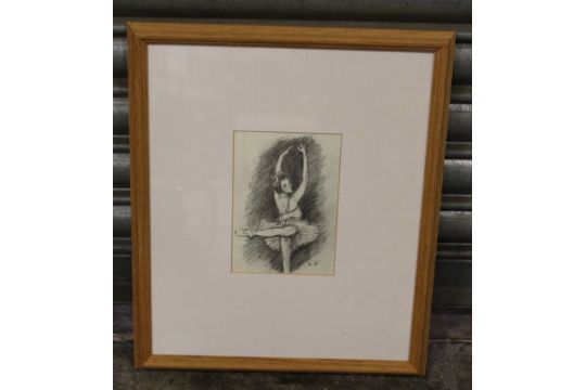 A FRAMED AND GLAZED PENCIL STUDY OF A BALLERINA - INITIALED LOWER LEFT L.K - Image 2 of 3