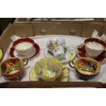 A TRAY OF AYNSLEY CUPS AND SAUCERS TO INCLUDE HAND PAINTED EXAMPLES