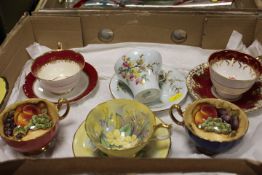 A TRAY OF AYNSLEY CUPS AND SAUCERS TO INCLUDE HAND PAINTED EXAMPLES
