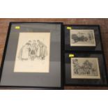 A PHIL MAY LITHOGRAPH ILLUSTRATION ENTITLED 'LOST' TOGETHER TWO SMALL ETCHINGS (3)