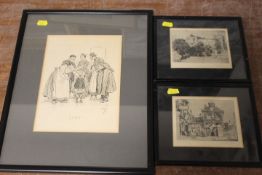 A PHIL MAY LITHOGRAPH ILLUSTRATION ENTITLED 'LOST' TOGETHER TWO SMALL ETCHINGS (3)