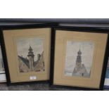 TWO FRAMED AND GLAZED ANTIQUE WATERCOLOUR ARCHITECTURAL STUDIES OF EUROPEAN BUILDINGS TO INCLUDE THE