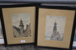 TWO FRAMED AND GLAZED ANTIQUE WATERCOLOUR ARCHITECTURAL STUDIES OF EUROPEAN BUILDINGS TO INCLUDE THE