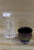 A ORREFORS FACETED GLASS VASE TOGETHER WITH A ROYAL BRIERLEY STYLE LUSTRE BUD VASE