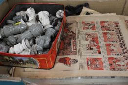 A TIN OF CERAMIC CHESS PIECES TOGETHER WITH A SMALL QUANTITY OF VINTAGE COMICS