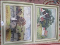 A PAIR OF IMPRESSIONIST OIL ON BOARDS OF COUNTRY VILLAGES SCENES, BOTH SIGNED BY RUBY BOSTOCK