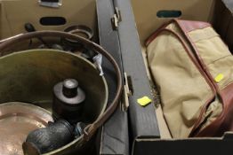 TWO TRAYS OF SUNDRIES TO INCLUDE A LARGE BRASS JAM PAN, MIDDLE EASTERN TEAPOT, FISHING NET ETC