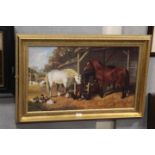 A GILT FRAMED PRINT ON CANVAS IN THE STYLE OF OIL ON CANVAS OF A TRADITIONAL FARM YARD SCENE