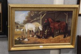 A GILT FRAMED PRINT ON CANVAS IN THE STYLE OF OIL ON CANVAS OF A TRADITIONAL FARM YARD SCENE