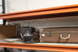 A SHELF OF VINTAGE LUGGAGE AND COLLECTABLES ETC