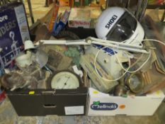 TWO TRAYS OF ASSORTED COLLECTABLES, AUTOMOBILIA, SCIENTIFIC, CLOCKS ETC