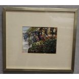 A CONTINENTAL MARKET SCENE WITH FIGURES AT FRUIT STALL, indistinctly signed and dated 1983 lower