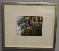 A CONTINENTAL MARKET SCENE WITH FIGURES AT FRUIT STALL, indistinctly signed and dated 1983 lower