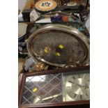 TWO TRAYS OF CERAMICS AND METALWARE TOGETHER WITH A CIRCULAR MIRROR
