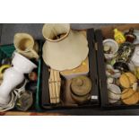 THREE TRAYS OF ASSORTED CERAMICS ETC TO INCLUDE STORAGE JARS AND A RUMTOPF JAR