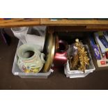 TWO BOXES TO INCLUDE MIRROR, VASES, PLANTERS, CHESS BOARD AND CURTAIN TIE BACK HOLDERS