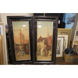 A PAIR OF WOODEN FRAMED PICTURES 126 X 63 CM ORIENTAL STREET SCENES