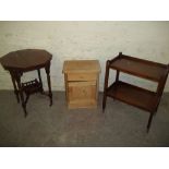 3 ITEMS TO INCLUDE A HEXAGONAL ANTIQUE EDWARDIAN SIDE TABLE, A PINE CUPBOARD A/F AND A TEA SERVING