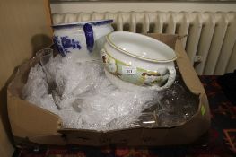 A TRAY CONTANING TWO CHINA POTTYS AND GLASSWARE SOME CUT