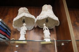 A PAIR OF CHINA FIGURINES TABLE LAMPS WITH MATCHING LAMPSHADE