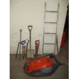 A SELECTION OF TOOLS TO INLCUDE AN ALUMINIUM LADDERS, GARDEN TOOLS AND A FLYMO HOVER MOWER
