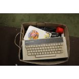 A BOX OF VINTAGE ELECTRICALS TO INCLUDE AN ACORN ELECTRON, A RADIO TELESPORT AND LEADS A/F