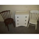 THREE ITEMS TO INCLUDE A CHEST OF 3 DRAWERS AND 2 ANTIQUE CHAIRS