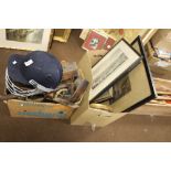 TWO BOXES TO INCLUDE CRICKET HELMET, VINTAGE BLOCK PLANE, COPPER HORN ,SHIRE HORSE WITH CART AND
