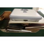 A TRAY CONTAINING SALTER WEIGHING SCALES TOGETHER WITH VINTAGE BOOKS