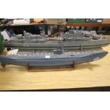 SCRATCH BUILT D35 ROYAL NAVY BATTLESHIPS 127CMS, TOGETHER WITH A MODEL SUBMARINE 106CMS