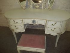 A TRIPLE MIRROR, LOUIS STYLE KIDNEY SHAPED DRESSING TABLE & STOOL