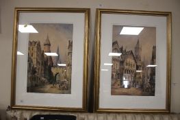 A PAIR OF GILT FRAMED PICTURES UNDER GLASS OF STREET SCENES DATED 1912 AND 1914