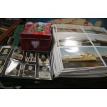 A LARGE COLLECTION OF PHOTOS OF SHIPS, FOOTBALL COLLECTORS CARDS, TIN OF MARVEL CARDS, ETC