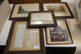 FIVE VINTAGE WOODEN FRAMED PICTURES LARGEST 35CM X 29CM TI INCLUDE PICTURE OF HMS TARA MILITARY