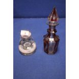 ANTIQUE STOURBRIDGE TYPE GLASS MILLEFIORI INK WELL A/F ,WITH A RUBY FLASH DECANTER