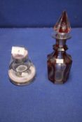 ANTIQUE STOURBRIDGE TYPE GLASS MILLEFIORI INK WELL A/F ,WITH A RUBY FLASH DECANTER