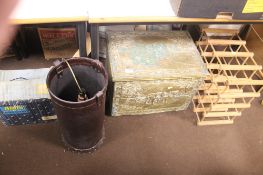 A BRASS LOG BASKET, LEATHER UMBELLA STAND AND A BOXED STAR 500 PROJECTOR, WINE RACK