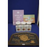 A FINEST TEA SHOP WALL PLAQUE, A CHINA TEA/COFFEE/SUGAR SET WITH TWO ADVERTISING SIGNS
