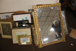 A LARGE SELECTION OF PICTURES, CIRCA 24 TOGETHER WITH 4 MIRRORS ONE IS GILT FRAMED BEVEL EDGED