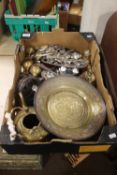 A TRAY OF BRASS AND PLATED WARE