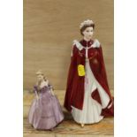 A ROYAL WORCESTER FIGURINE 'THE QUEENS 80TH BIRTHDAY' TOGETHER WITH A SMALL COALPORT FIGURE (2)