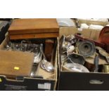 TWO TRAYS OF ASSORTED METALWARE ETC TO INCLUDE CUTLERY BOXES HORSE BRASSES ETC