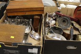 TWO TRAYS OF ASSORTED METALWARE ETC TO INCLUDE CUTLERY BOXES HORSE BRASSES ETC