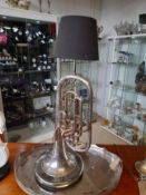 A SILVER PLATED TENOR HORN CONVERTED TO A TABLE LAMP