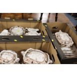 THREE TRAYS OF ANTIQUE CERAMIC DINNERWARE TO INCLUDE TUREENS, MEAT PLATES ETC