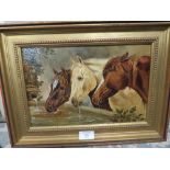 A SMALL GILT FRAMED OIL ON BOARD OF THREE HORSES WATERING TOGETHER WITH A PRINT OF A SOW AND PIGLETS