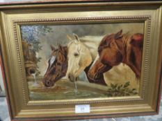 A SMALL GILT FRAMED OIL ON BOARD OF THREE HORSES WATERING TOGETHER WITH A PRINT OF A SOW AND PIGLETS