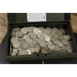 A METAL TIN CONTAINING MANY PRE- 1947 COINS TO INCLUDE APPROXIMATELY 200 HALF CROWNS, 265 FLORINS,