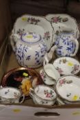 A TRAY OF ASSORTED CERAMICS TO INCLUDE A BAMBOO STYLE TEAPOT AYNSLEY ETC
